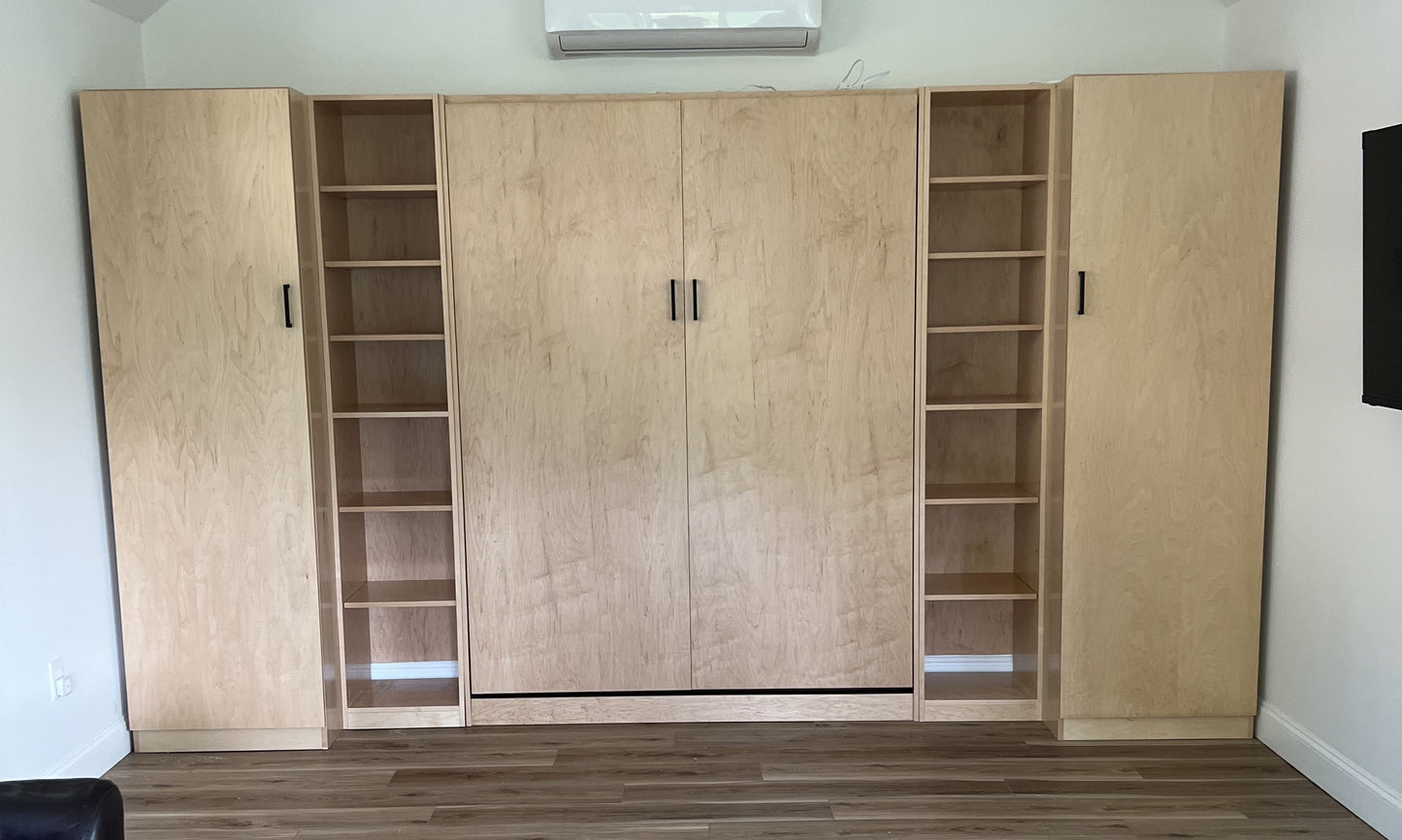 Queen Maple Murphy Bed with Bookshelves and Wardrobe cabinets.