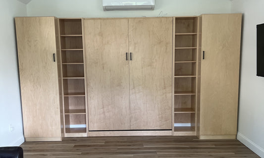 Queen Maple Murphy Bed with Bookshelves and Wardrobe cabinets.
