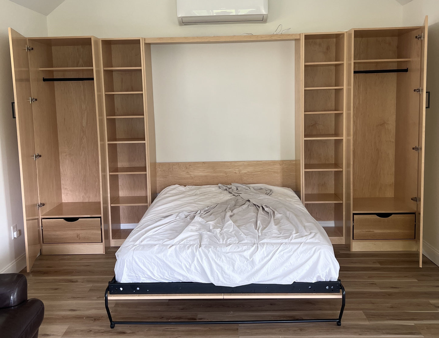 Queen Maple Murphy Bed with Bookshelves and Wardrobe cabinets.